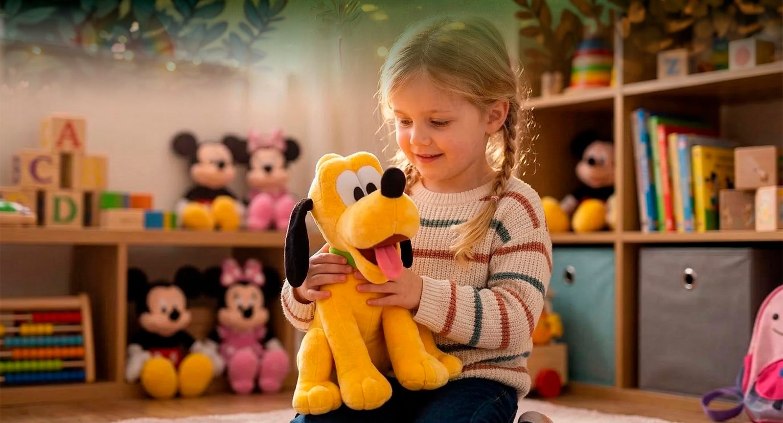 menina se divertindo com sua pelúcia do Pluto.
