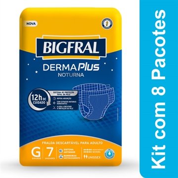 Fralda Geriátrica Bigfral Derma Plus Noturna Tamanho G - 8 Pacotes com 7 Fraldas - Total 56 Tiras