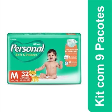Fralda Descartável Personal Soft & Protect Jumbo Tamanho M - 9 Pacotes com 32 Fraldas - Total 288 Tiras