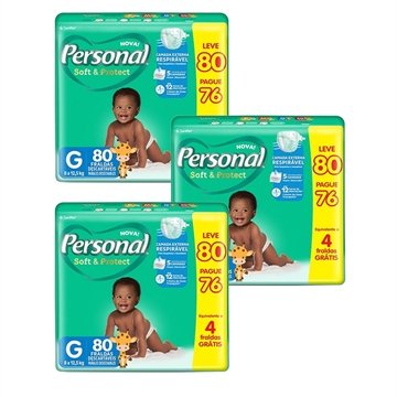 Fralda Descartável Personal Soft & Protect Tamanho G - 3 Pacotes com 80 Fraldas - Total 240 Tiras