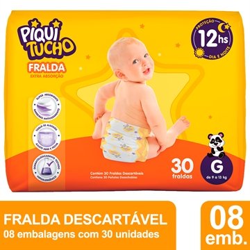 Fralda Descartável Piquitucho Tamanho G - 8 Pacotes com 30 Tiras - Total de 240 Tiras