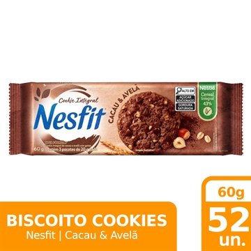 Biscoito Nestle Nesfit Cookies Cacau e Avelã 60g - Embalagem com 52 Unidades