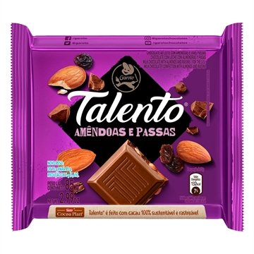 Chocolate Garoto Talento ao Leite com Amêndoas e Passas 85g - Embalagem com 12 Unidades