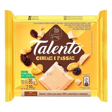 Chocolate Garoto Talento Branco com Cereais e Passas 85g - Embalagem com 12 Unidades