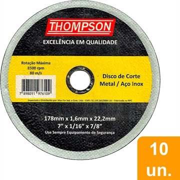 Disco de Corte Thompson 7P 178X1,6X22,2mm Aço/Inox Embalagem com 10 Unidades