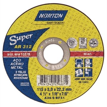 Disco de Corte Norton AR312 4.1/2P 115X3,0X22,23mm Super Embalagem com 25 Unidades