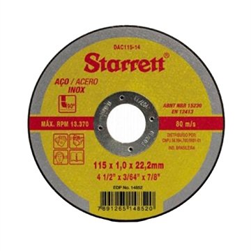Disco Corte Starrett 4.1/2 115x1,0x22,2mm Aço/Inox Embalagem com 12 Unidades