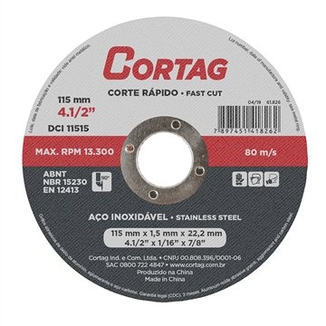 Disco Corte Cortag Inox 115mm 4.1/2 x 1.6mm 1/16 x 22,22mm 7/8