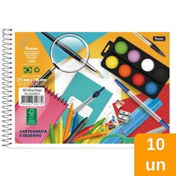 Caderno de Cartografia Desenho Foroni Espiral Capa Flexível 48 Folhas - Embalagem com 10 Unidades