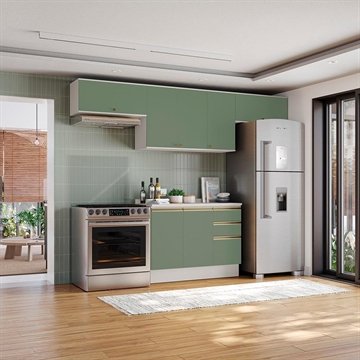 Armário De Cozinha Completa Cb1417 7 Portas 3 Gavetas Mdf 280Cm Branco E Verde