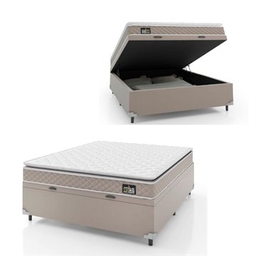 Cama Box Baú Casal Colchão D45 Com Pillow Top Hellen Strong Bege 138X188x65cm Suporta Até 150Kg Bege