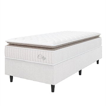 Cama Box Colchão Solteiro Molas Ensacadas City Pillow Top 88X188x61cm Linho Branco / Bege Hellen