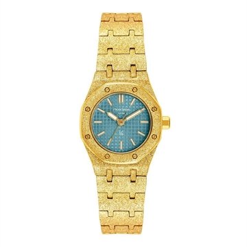 Relógio Feminino Textura Bezel Octogonal Analógico Metal Dourado Azul Mondaine